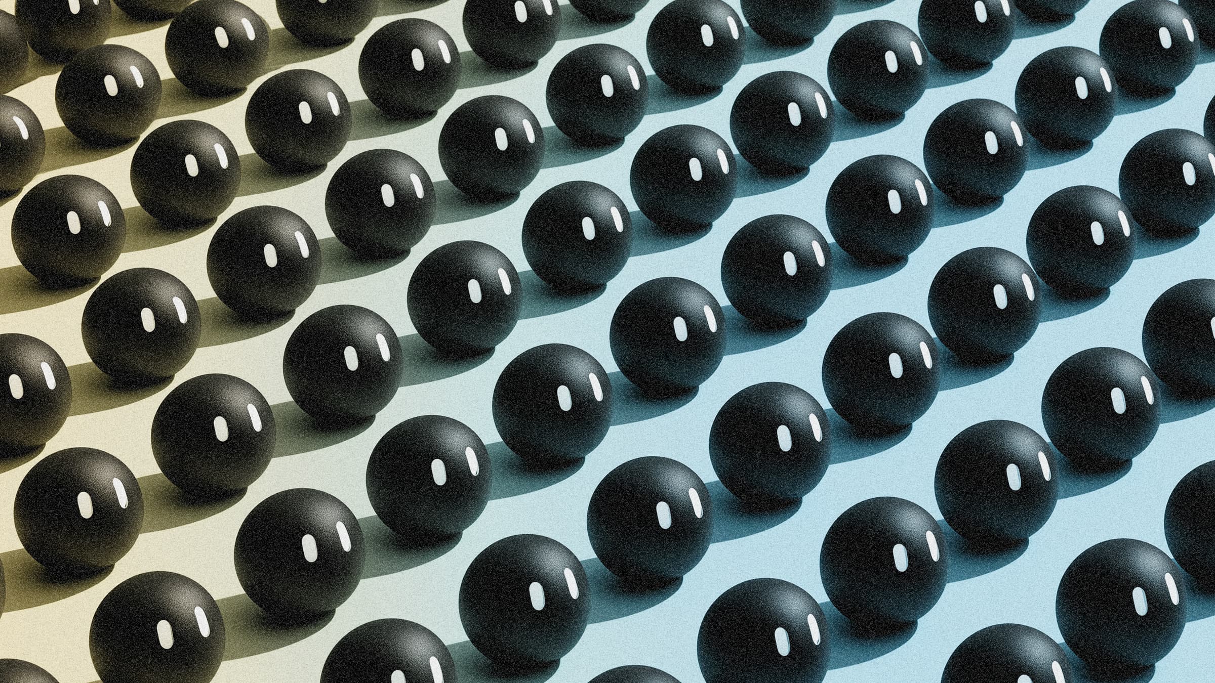 Rows of identical glossy black spheres in a grid, each with a single white highlight that reads like an eye, on a split cream and pale-blue background.