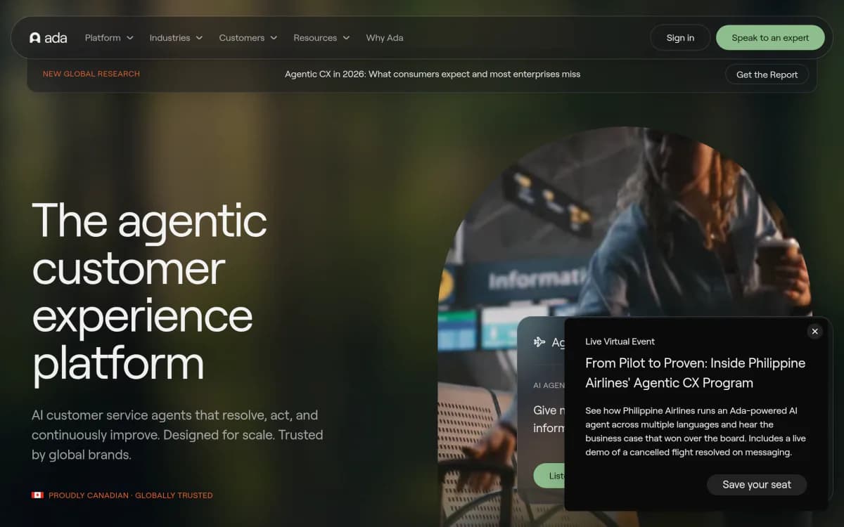 Screenshot of the Ada website