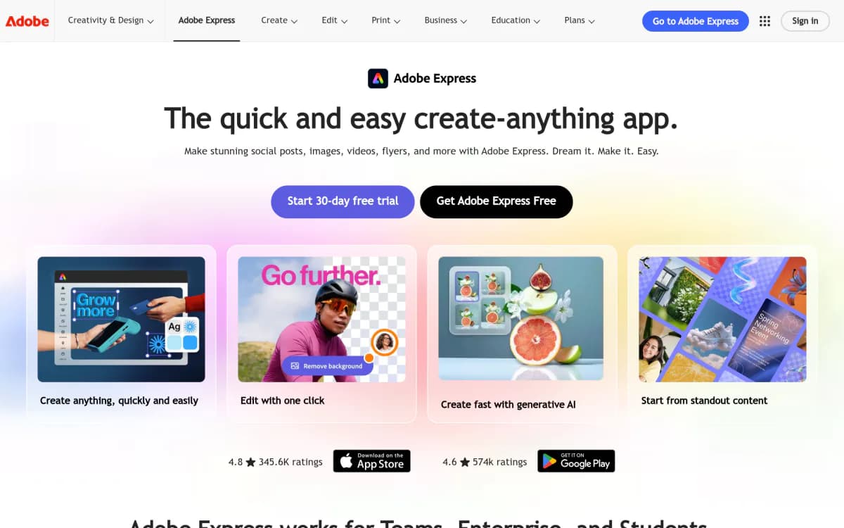 Screenshot of the Adobe Express website