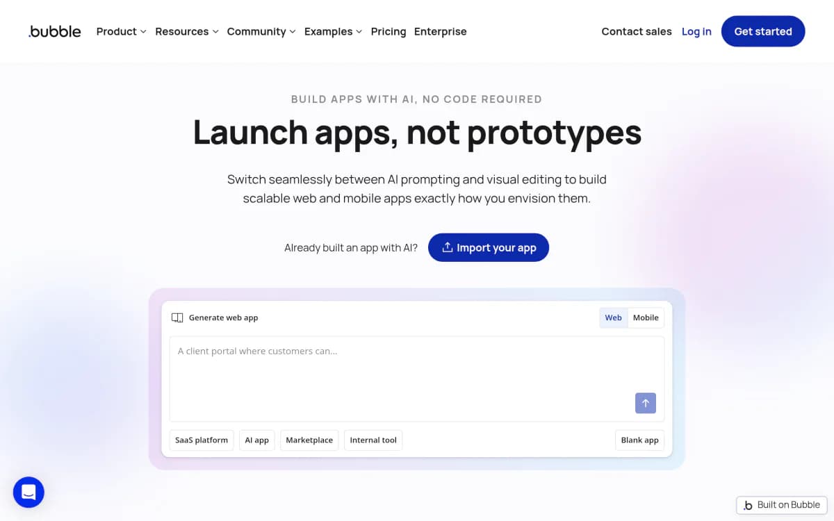 Screenshot of the Bubble website