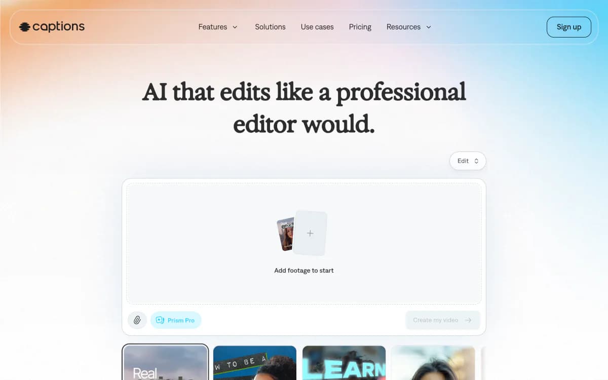 Screenshot of the Captions website