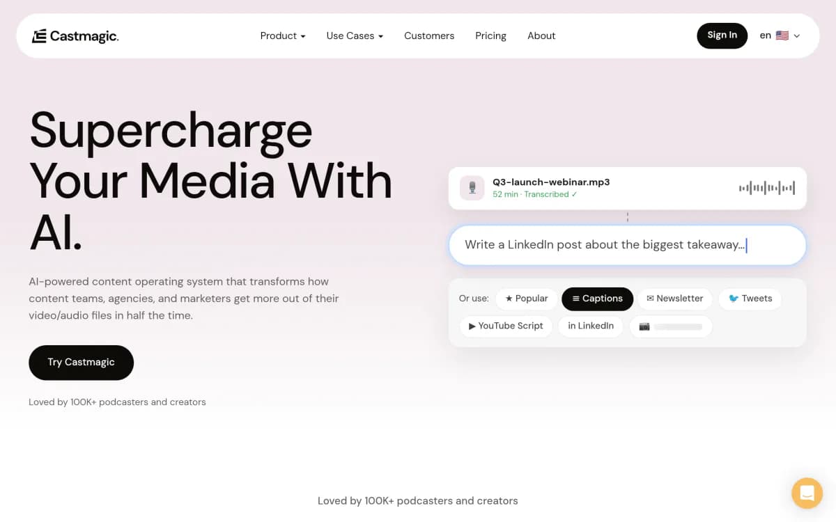 Screenshot of the Castmagic website