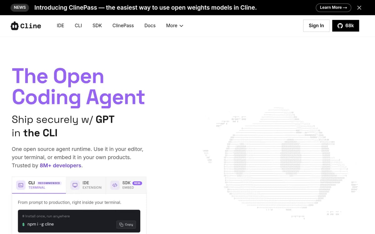 Screenshot of the Cline website