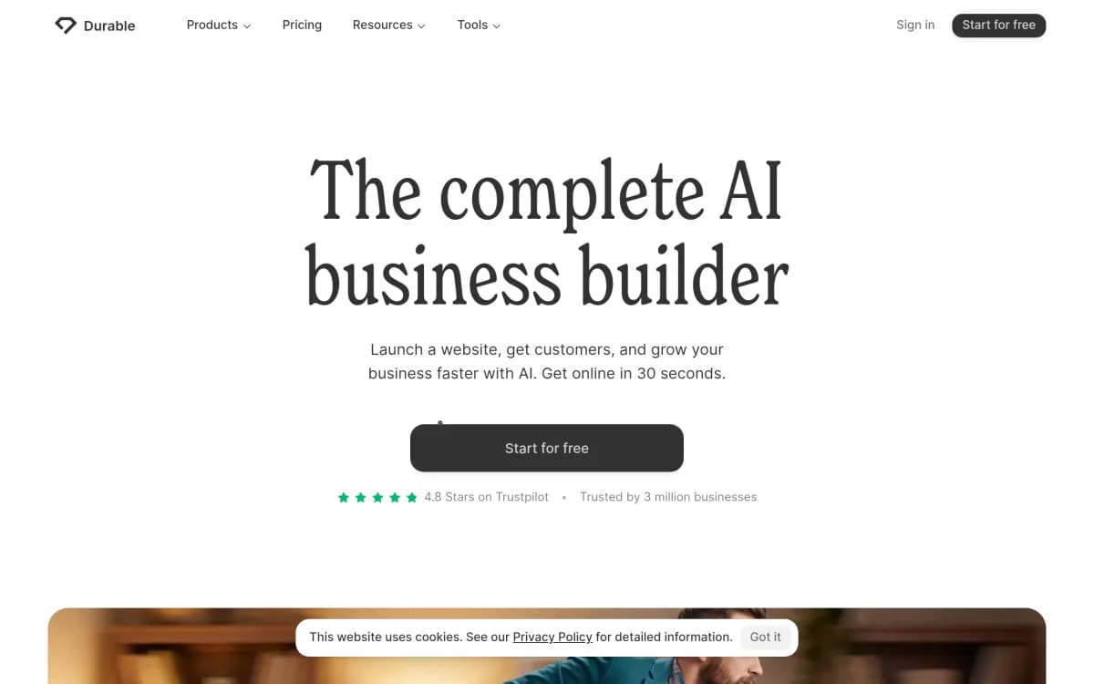 Screenshot of the Durable website