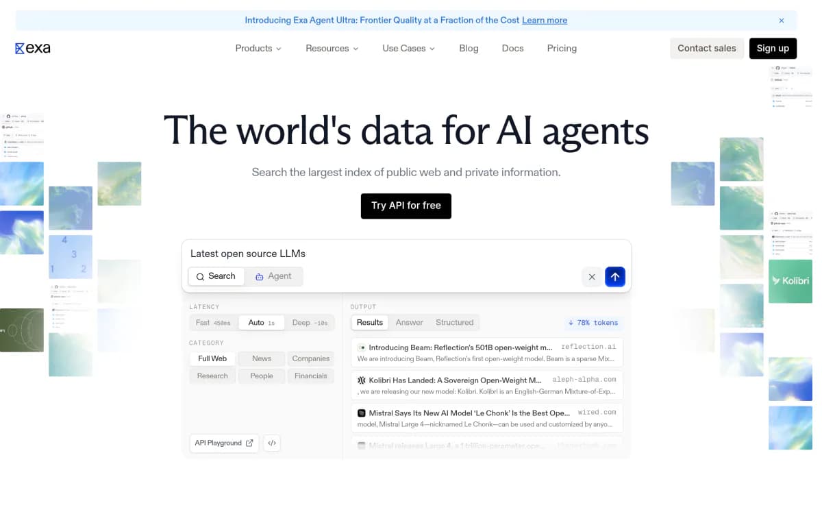 Screenshot of the Exa website