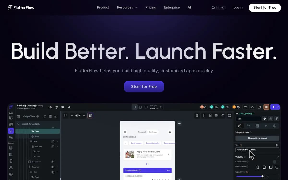Screenshot of the FlutterFlow website