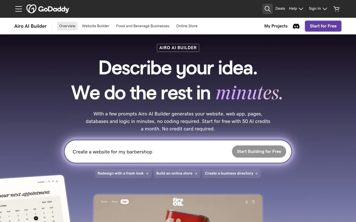 Screenshot of the GoDaddy Airo AI Builder website