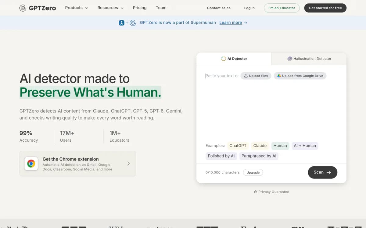 Screenshot of the GPTZero website