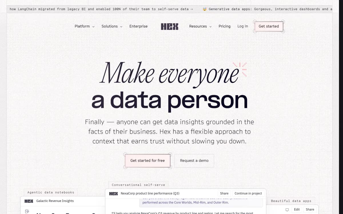 Screenshot of the Hex website