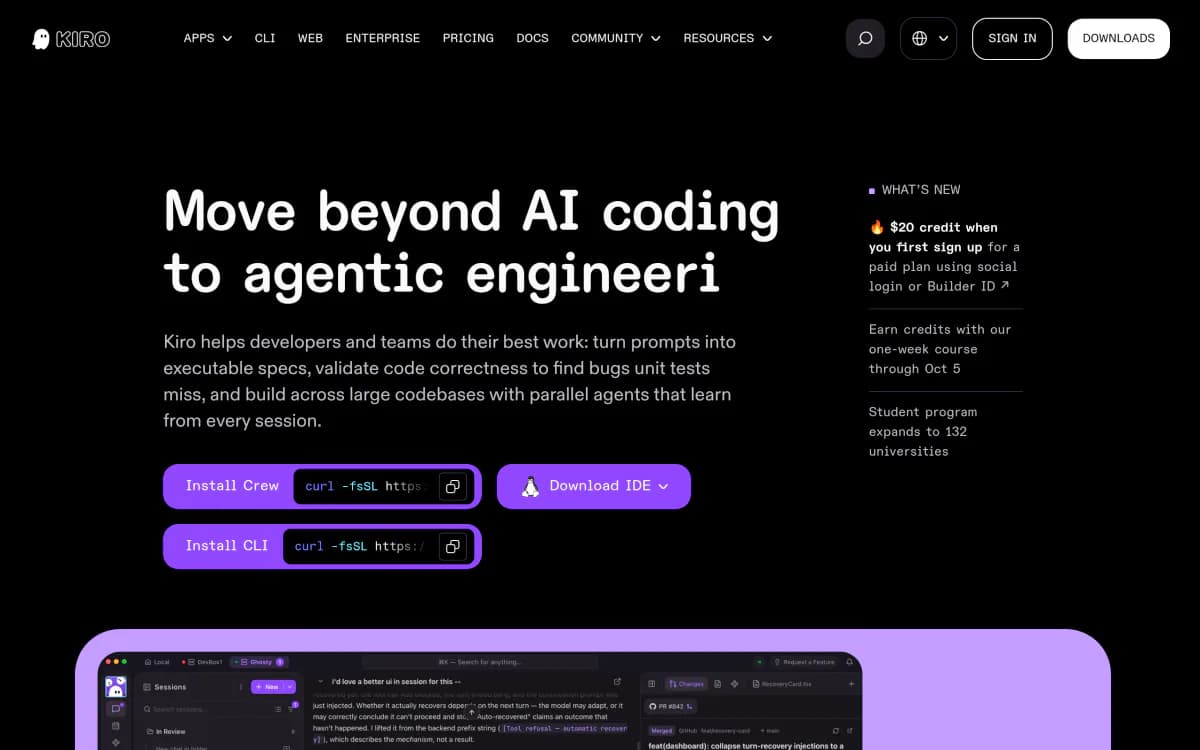 Screenshot of the Kiro website