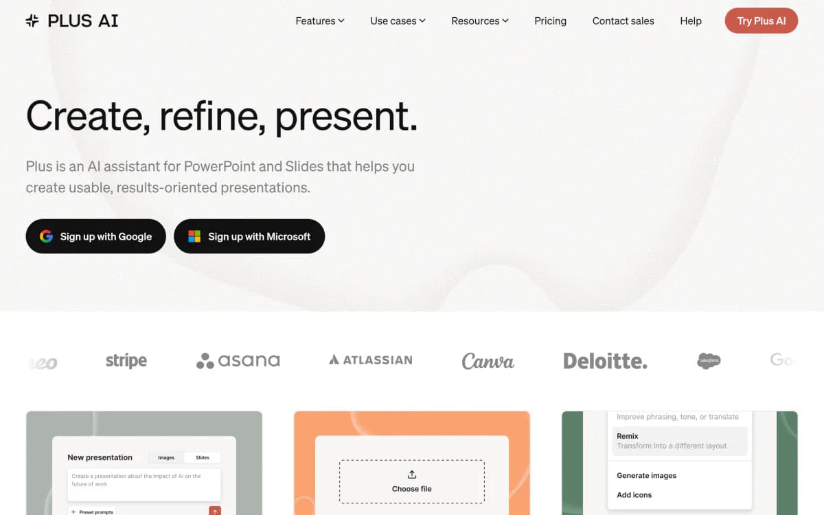 Screenshot of the Plus AI website