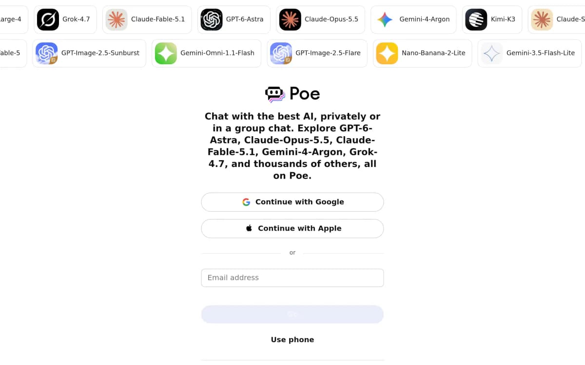 Screenshot of the Poe website