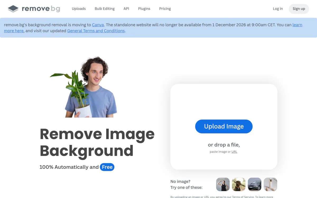 Screenshot of the remove.bg website