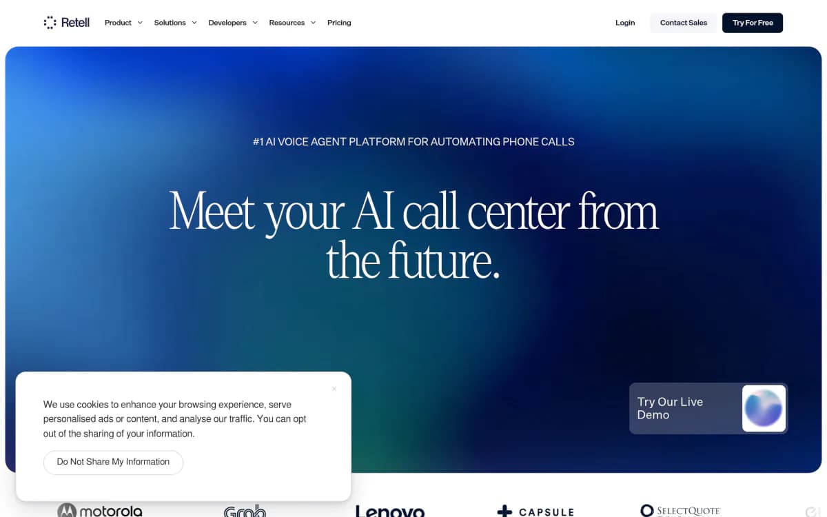 Screenshot of the Retell AI website