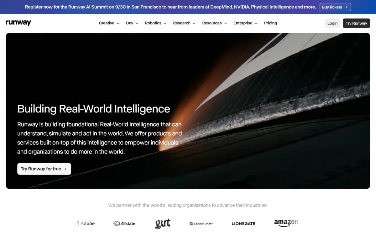 Screenshot of the Runway website