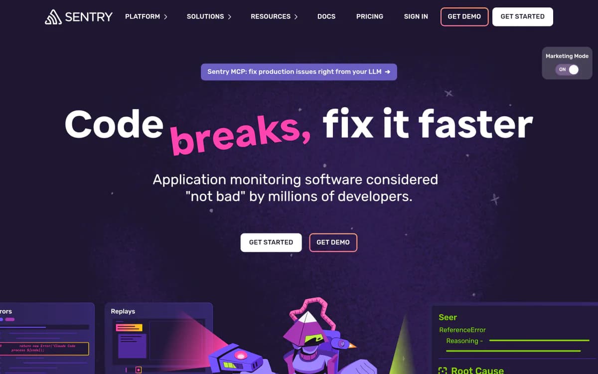 Screenshot of the Sentry website