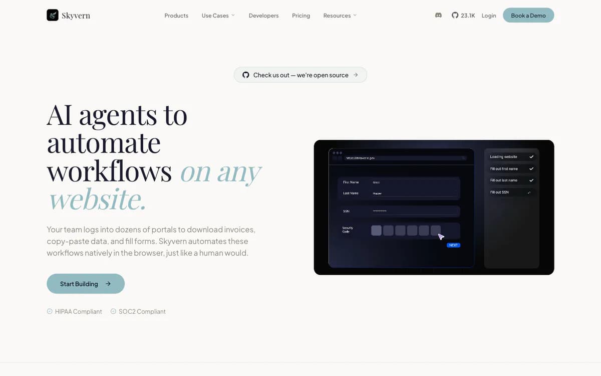Screenshot of the Skyvern website
