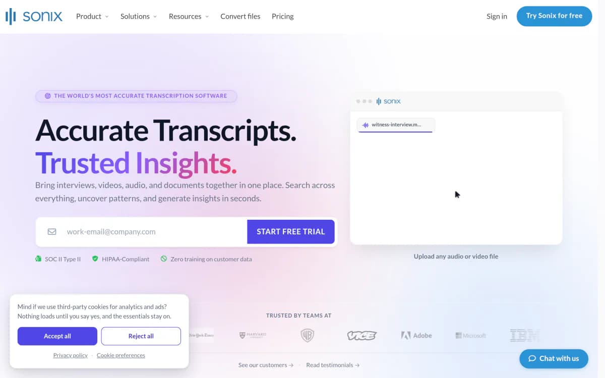 Screenshot of the Sonix website