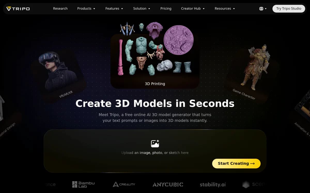 Screenshot of the Tripo AI website