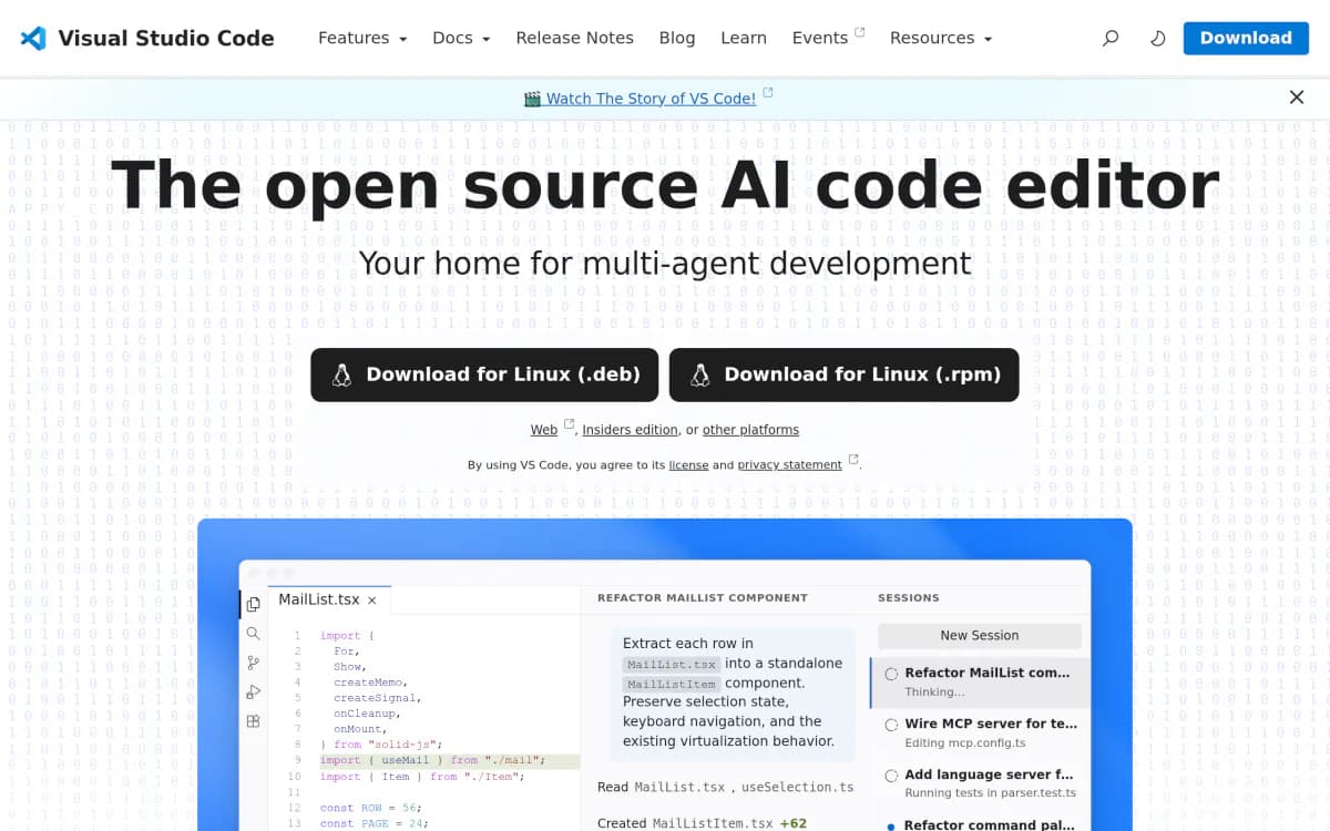 Screenshot of the Visual Studio Code website
