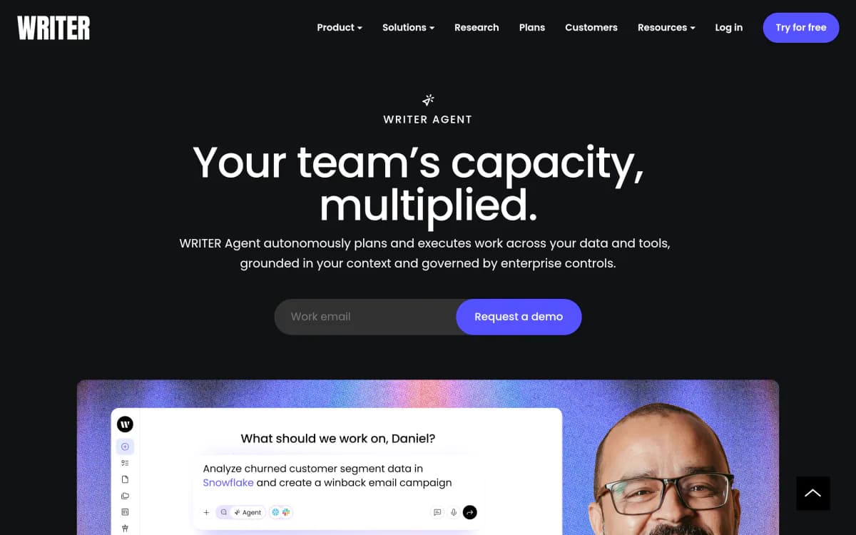 Screenshot of the WRITER Agent website